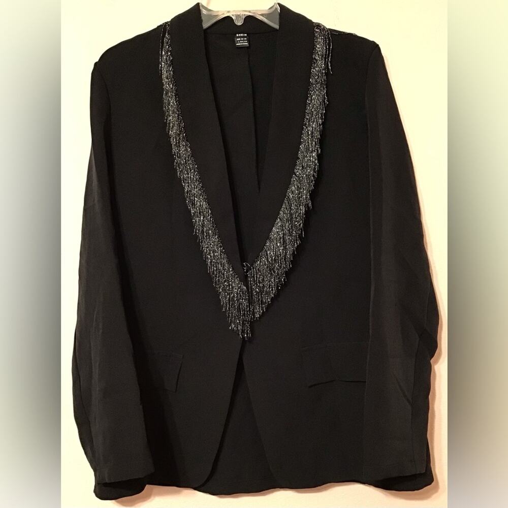 Shein black one button blazer jacket with fringe collar size large